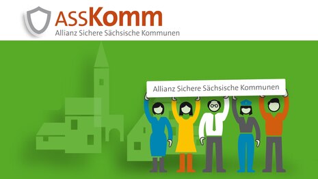 Eine Grafik mit vier bunten Figuren, welche eine Schild hochhalten mit der Aufschrift Allianz sichere sächsische Kommunen sowie das ASSKomm Logo