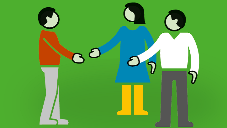 Drei Menschen, gezeichnet geben sich die Hand, vor einem grünen Hintergrund