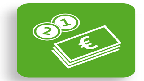 zeigt Piktogram welches Geld darstellen soll: 2 Münzen und 1 Geldschein mit Eurozeichen alles auf grünem Hintergrund