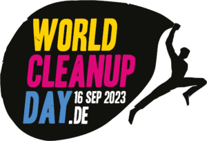 Logo mit dem Schriftzug des World Cleanup Day in gelb, pink und blau.
