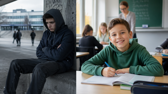 Zweigeteiltes Bild: links ein desillusionierter Jugendlicher unter einer Brücke, rechts ein fröhliches Kind in der Schule.