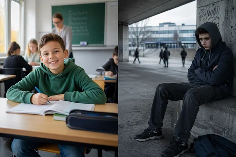 Das zweigeteilte Bild zeigt links einen fröhlichen Jungen in der Schule und rechts einen traurigen Jugendlichen unter einer Brücke.