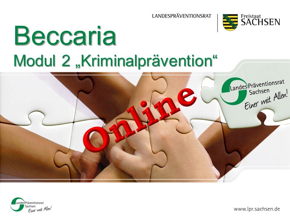 Titelbild einer Powerpoint Präsentation mit der Überschrift "Beccaria - Modul 2 Kriminalprävention". Das Wort "Online" steht in rot quer über der Seite.