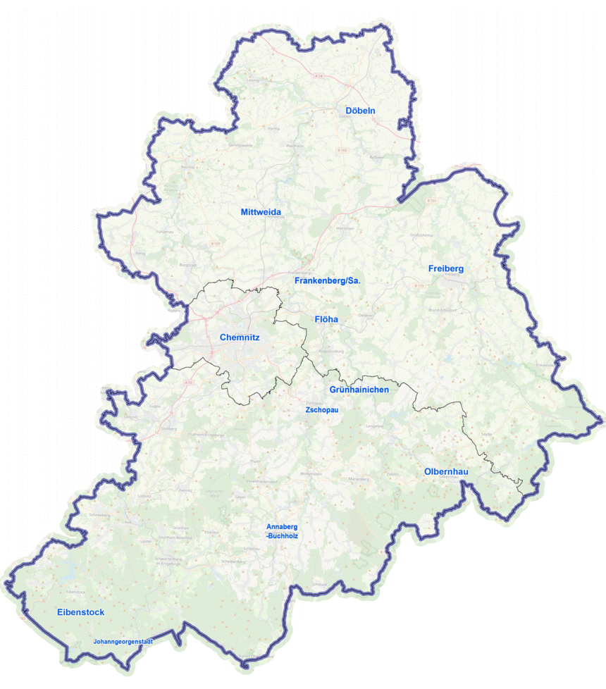 Karte von Mittelsachsen, der Region Chemnitz und dem Erzgebirge. 