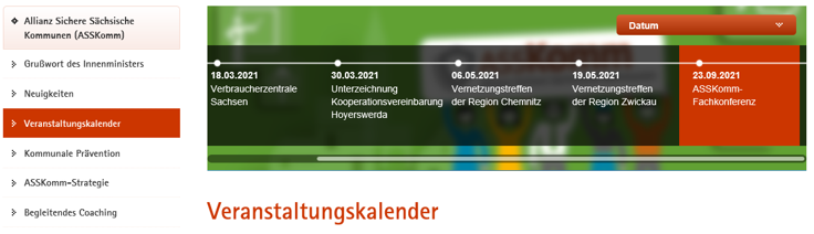 Eine Zeittafel ist abgebildet mit grünem Hintergrund. Im Vordergrund stehen die Titel der Termine mit dem Veranstaltungsdatum.