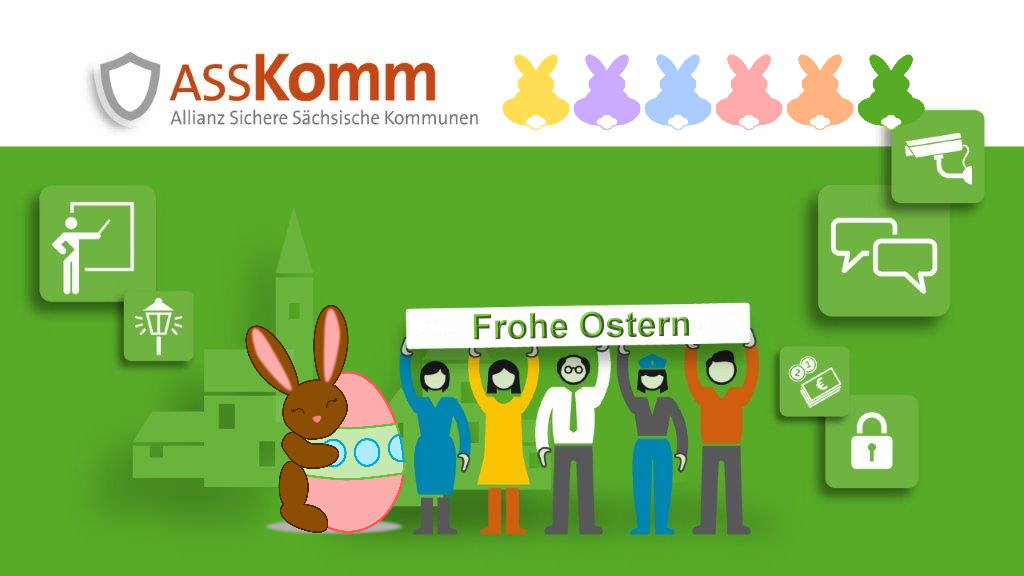 Das ASSKomm Logo wurde um sechs Osterhasen ergänzt, im Bild versteckt sich ein Osterhase mit Ei und im Banner steht "Frohe Ostern".