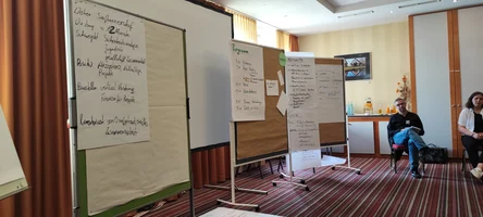 Man kann ein Flip Chart erkennen, auf dem alle Ergebnisse des Vernetzungstreffens stehen. 