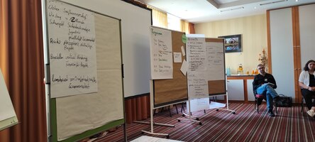 Man kann ein Flip Chart erkennen, auf dem alle Ergebnisse des Vernetzungstreffens stehen. 