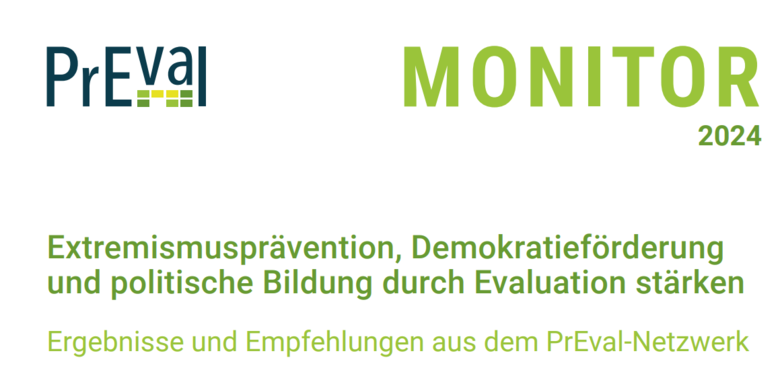 Hellgrünes Logo des Ergebnisberichtes »Preval Monitor 2024«. Darunter das Thema beschrieben: »Extremismusprävention, Demokratieförderung und politische Bildung durch Evaluation stärken« sowie der Hinweis auf Ergebnisse und Empfehlungen.