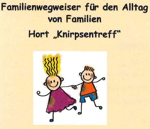 Oben auf dem Flyer steht der Name "Familienwegweiser" und darunter ist eine Grafik mit zwei Kindern, die sich an den Händen halten.