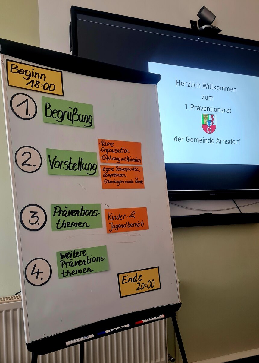 Im Vordergrund ein weißes Flipchart mit grünen, gelben und orangen Moderationskarten darauf, die das Programm veranschaulichen. Im Hintergrund die Projektion einer Präsentation mit dem Titel »Herzlich Willkommen zum ersten Präventionsrat der Gemeinde Arns