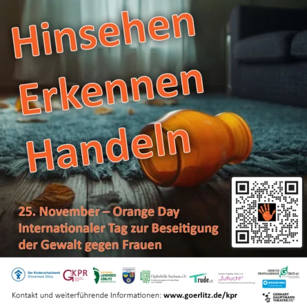 Im Vordergrund stehen die Worte "Hinsehen-Erkennen-Handeln" vor einem verwüsteten Zimmer.