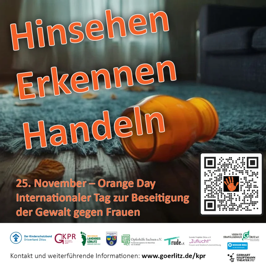 Im Vordergrund stehen die Worte "Hinsehen-Erkennen-Handeln" vor einem verwüsteten Zimmer.