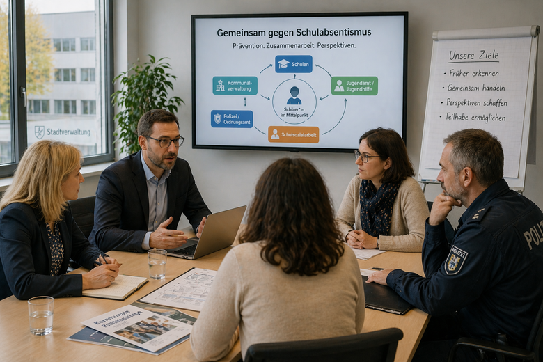 Fünf Personen sitzen um einen Tisch. Im Hintergrund wird eine Präsenation mit dem Titel "Gemeinsam gegen Schulabsentismus" angezeigt.