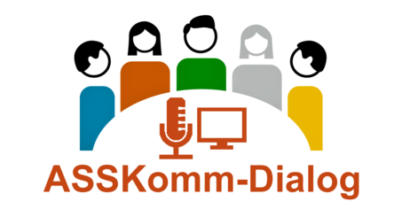 Grafik im ASSKomm-Design mit drei Personen und dem Datum der Veranstaltung.