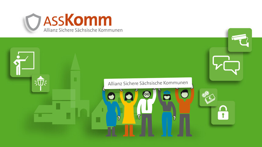 ASSKomm-Grafik mit fünf Figuren, die ein Schild hochhalten auf dem "Allianz Sichere Sächsische Kommunen" steht.
