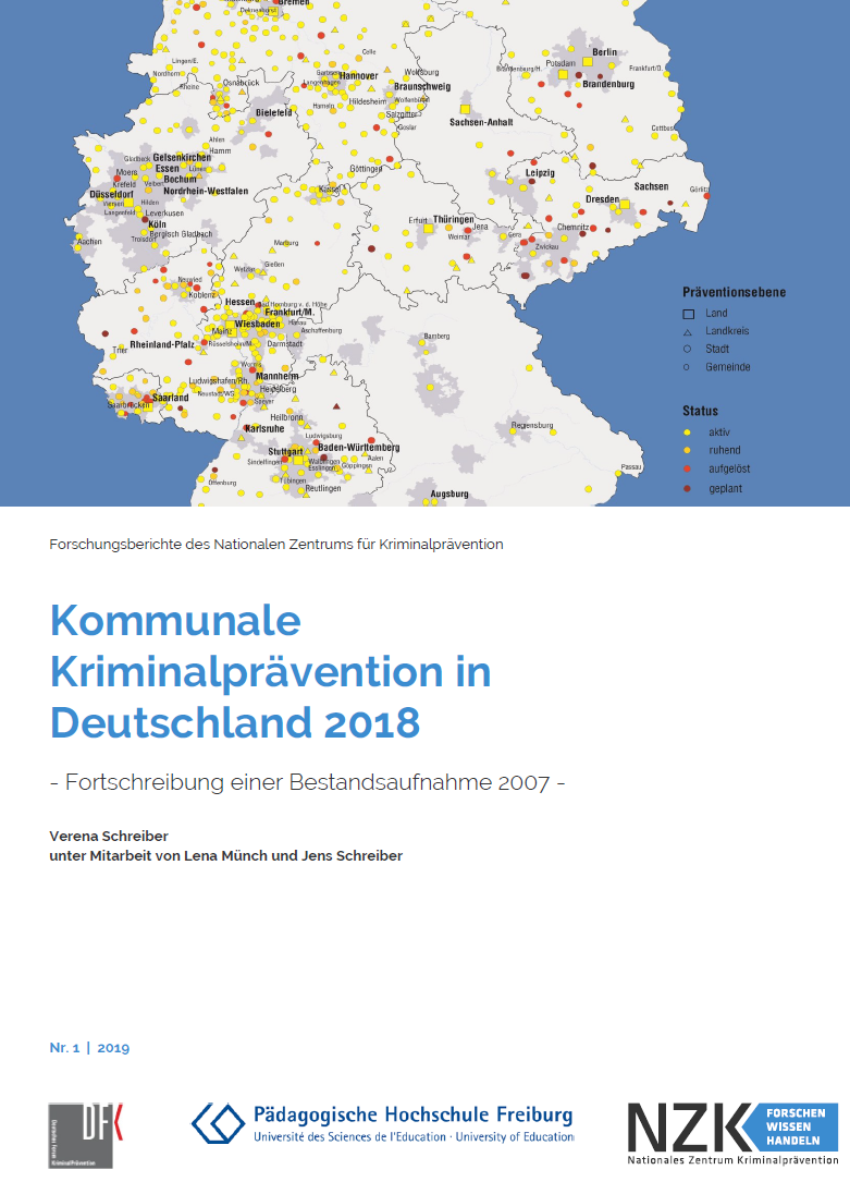 Das Bild zeigt das Deckblatt des Berichtes mit einer Deutschlandkarte auf welcher die Präventionsräte symbolisch dargestellt sind sowie den Titel des Berichtes.