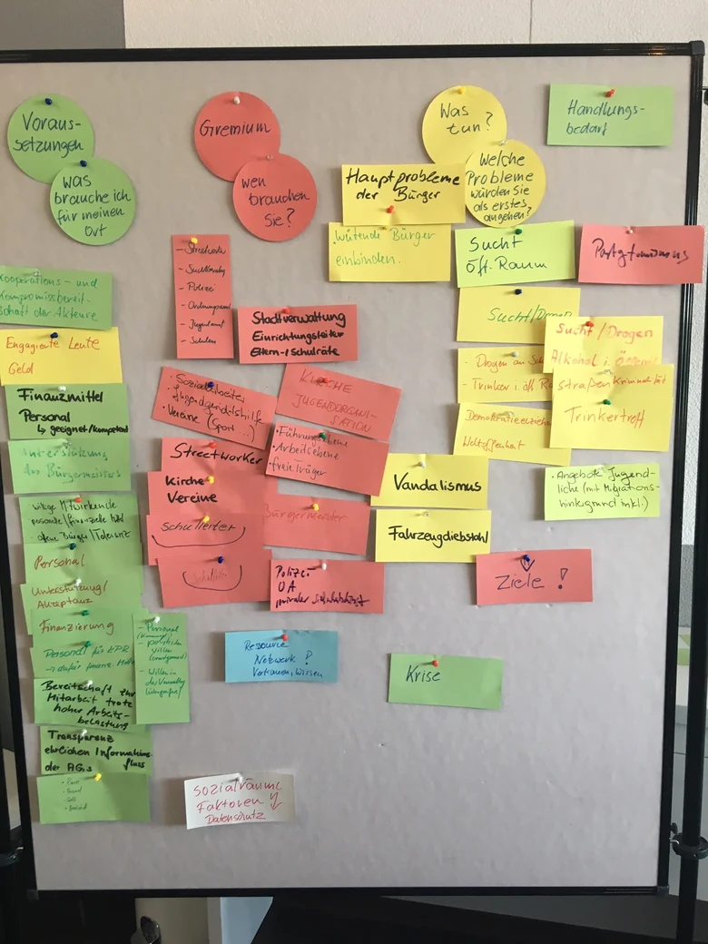 Das Bild zeigt eine Pinwand mit Zetteln zur Gründung eines Präventionsgremiums.