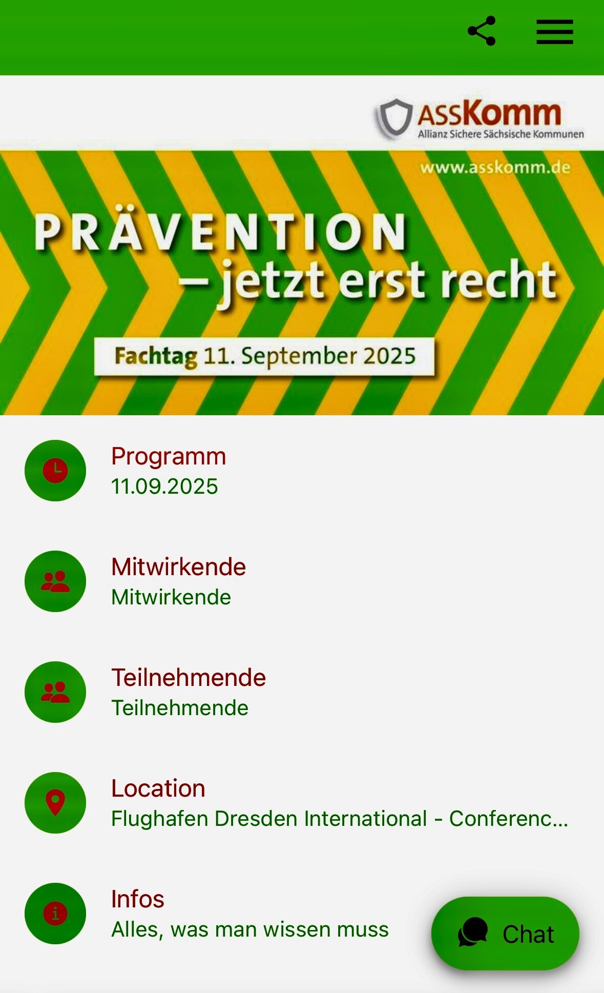 Homebildschirm der Event-App in gelb und grün mit dem Motto der Veranstaltung und einer Aufzählung aller wichtigen Punkte, z. B. Programm etc.