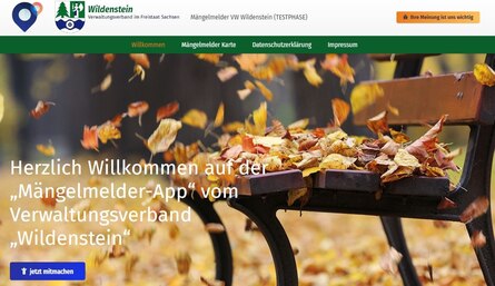 Webseite des Verwaltungsverbands Wildenstein mit dem Titelbild für die Mängelmelder App