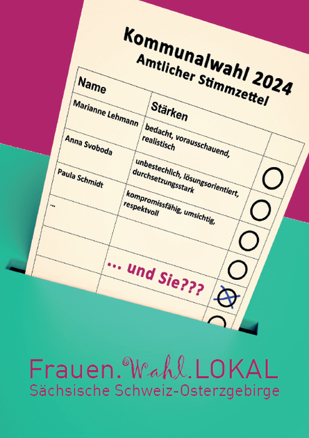 Vor einem pink-grünen Hintergrund ist ein Stimmzettel für die Kommunalwahl 2024 abgebildet.
