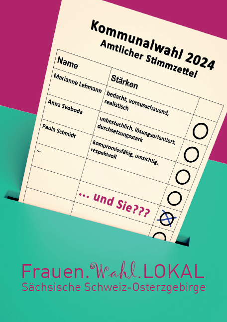 Vor einem pink-grünen Hintergrund ist ein Stimmzettel für die Kommunalwahl 2024 abgebildet.