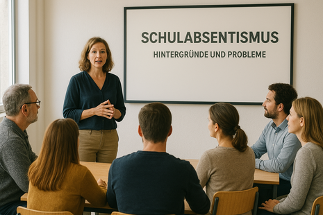 Eine Dame steht und spricht, sechs Personen sitzen an Tischen im Halbkreis um sie herum.