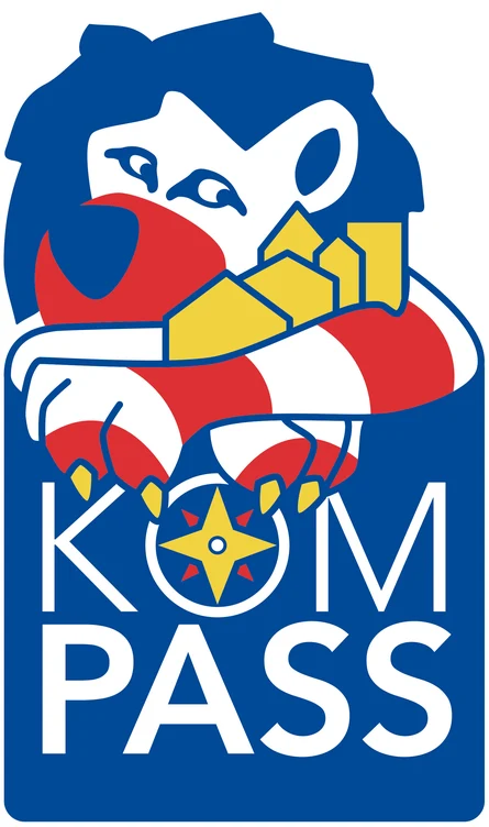 zeigt blau rot weiße Logo Grafik welche einen Löwen darstellen soll sowie die Aufschrift: Kompass