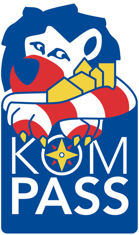 zeigt blau rot weiße Logo Grafik welche einen Löwen darstellen soll sowie die Aufschrift: Kompass