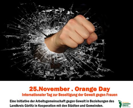 Eine Faust zersplittert eine Scheibe. Darunter steht 25. November "Orange Day" und das Logo des Landkreises Görlitz.