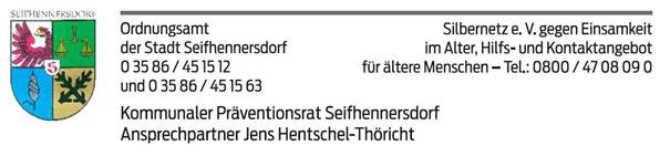 Logo der Stadt Seifhennersdorf und Nennung der Partner, die den Termin veranstalten - das Ordnungsamt Seifhennersdorf und der freie Träger Silbernetz e. V.
