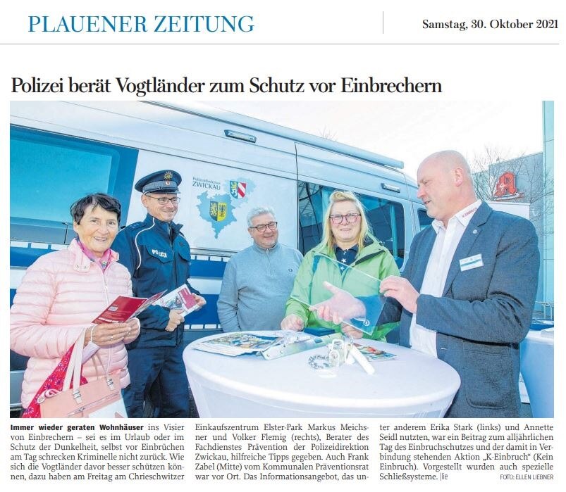 Dieses Bild ist ein Zeitungsartikel der Plauener Zeitung vom 30 Oktober 2021, welcher über den Keinbruch Aktionstag berichtet.