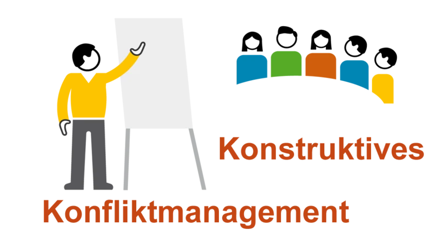 Grafik mit einer Person, die am Flipchart steht und fünf Teilnehmenden.