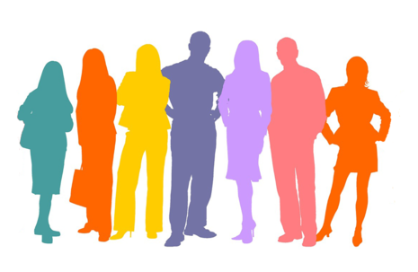 Grafische Darstellung von sieben lebensgroßen Personen. Jede Person hat eine andere Farbe.