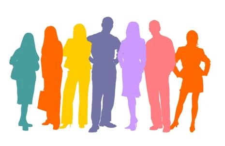 Grafische Darstellung von sieben lebensgroßen Personen. Jede Person hat eine andere Farbe.