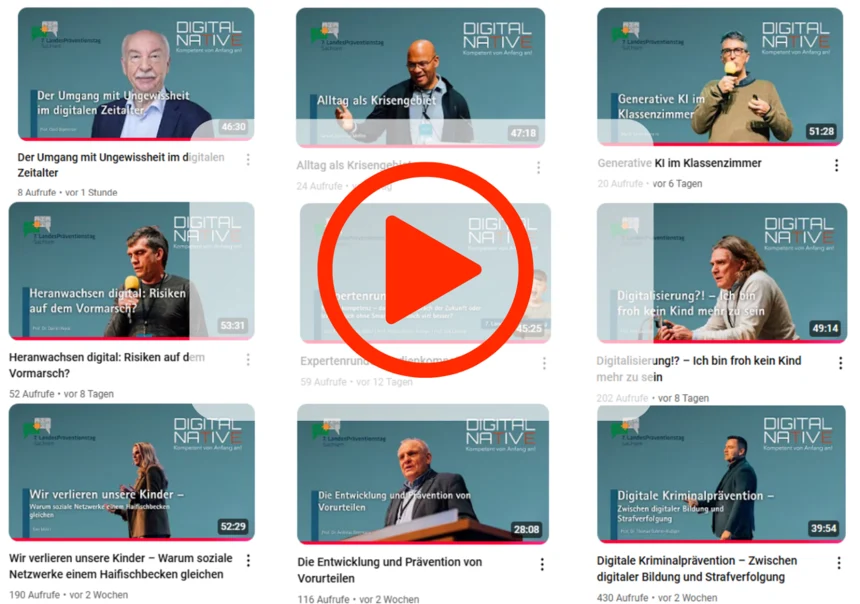 Auf dem Bild sieht man mehrere Video-Titelseiten in einer Übersicht. Verschiedene Personen sind beim Sprechen zu erkennen.