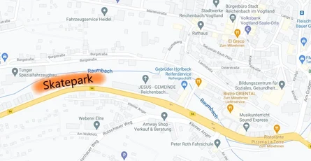 Das Bild zeigt einen Lageplan des Skateparks. Dieser ist rot markiert. 