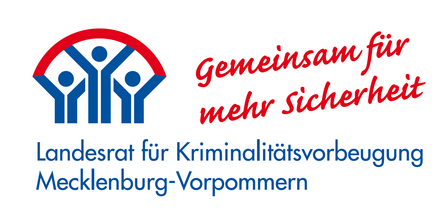 in rote/blau ein Piktogramm von 3 Personen sowie die Aufschrift: Gemeinsam für mehr Sicherheit, Landesrat für Kriminalitätsvorbeugung Mecklenburg-Vorpommern