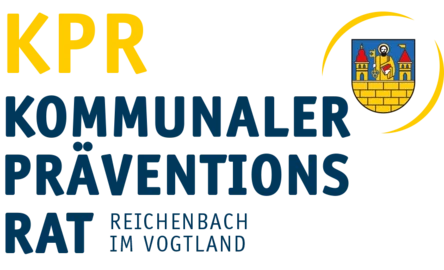 Logo des Kommunalen Präventionsrates in blauer Schrift auf weißem Grund und Stadtwappen