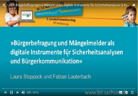 Titel des Films "Bürgerbefragungen und Mängelmelder als ditiale Instrumente für Sicherheitsanalysen und Bürgerkommunikation" im LPT5 Style.