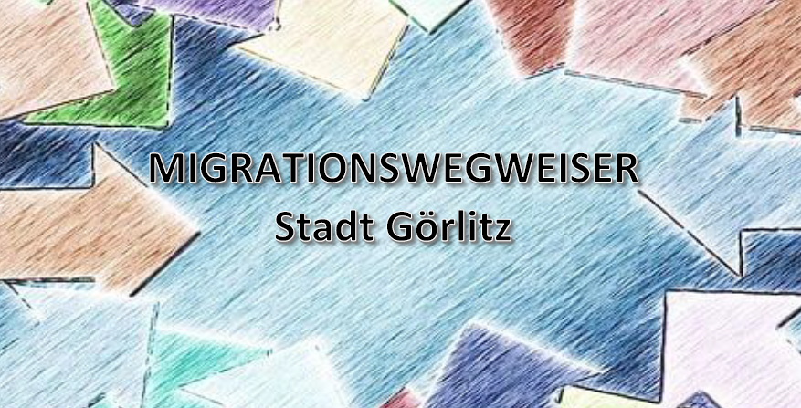 Viele bunte Pfeile zeigen auf die Mitte des Bildes, wo das Wort "Migrationswegweiser" steht.