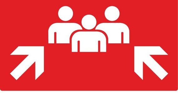 Roter Hintergrund mit drei weißen Figuren.