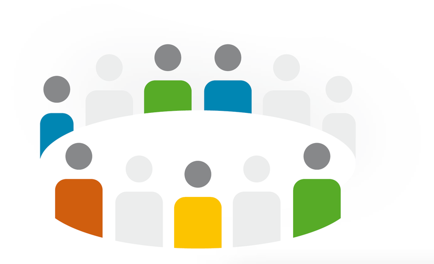 Grafische Darstellung einer Gruppe, die im Kreis sitzt. In unterschiedlichen Farben dargestellt.