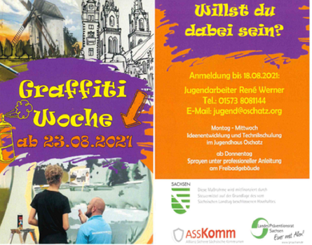 Ein Plakat, mit den Anmeldedaten zu der Projektwoche in Oschatz vom 23. August bis zum 4. September. Unten sind zwei Männer abgebildet. Es handelt sich um das Thema Graffiti. 