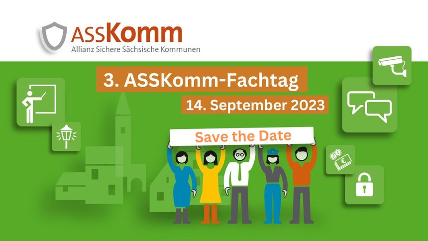 Bild zeigt ASSKomm Symbolbildgrafik mit Aufschrift: 3. ASSKomm-Fachtag 14. September 2023, Save the Date