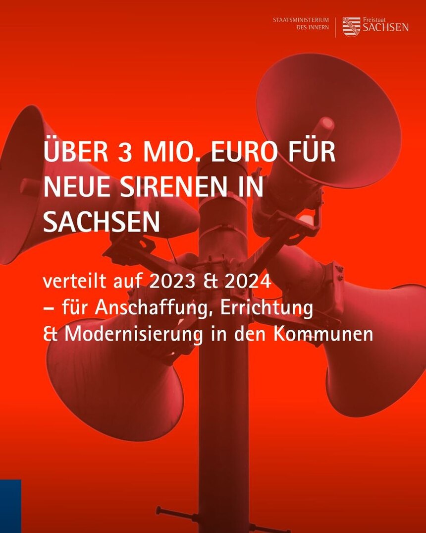 Symbolbild 4 Mast mit 4 Siren auf rotem Hintergrund mit der Aufschrift: Über 3 Mio. Euro für neue Sirenen in Sachsen