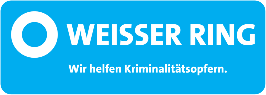 Logo des weißen Rings. Ein blauer Hintergrund mit weißer Schrift und einem weißen Ring