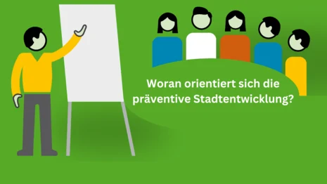 Grafik im ASSKomm-Style mit verschiedenen Personen und dem Schriftzug "Präventive Stadtentwicklung".