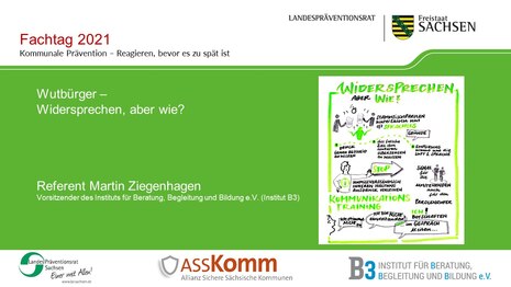 Grüner ASSKomm Hintergrund mit der Überschrift Wutbürger und dem Referenten Martin Ziegenhagen. Daneben ist ein Bild vom Graphic recording