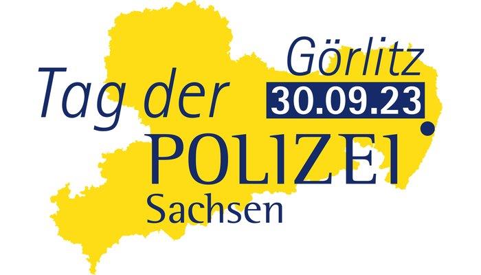 Umriss des Freistaates Sachsen, darauf die Schrift Tag der Polizei Sachsen Görlitz 30.09.2023